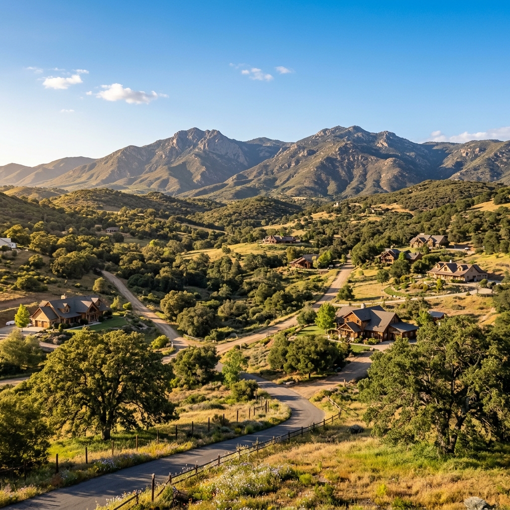 Alpine California mountain community with rural homes nestled among oak trees and rolling hills in East County San Diego