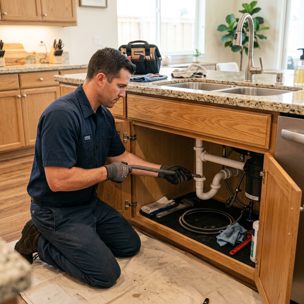 Professional plumber clearing a clogged kitchen drain with a drain snake tool in an El Cajon California home