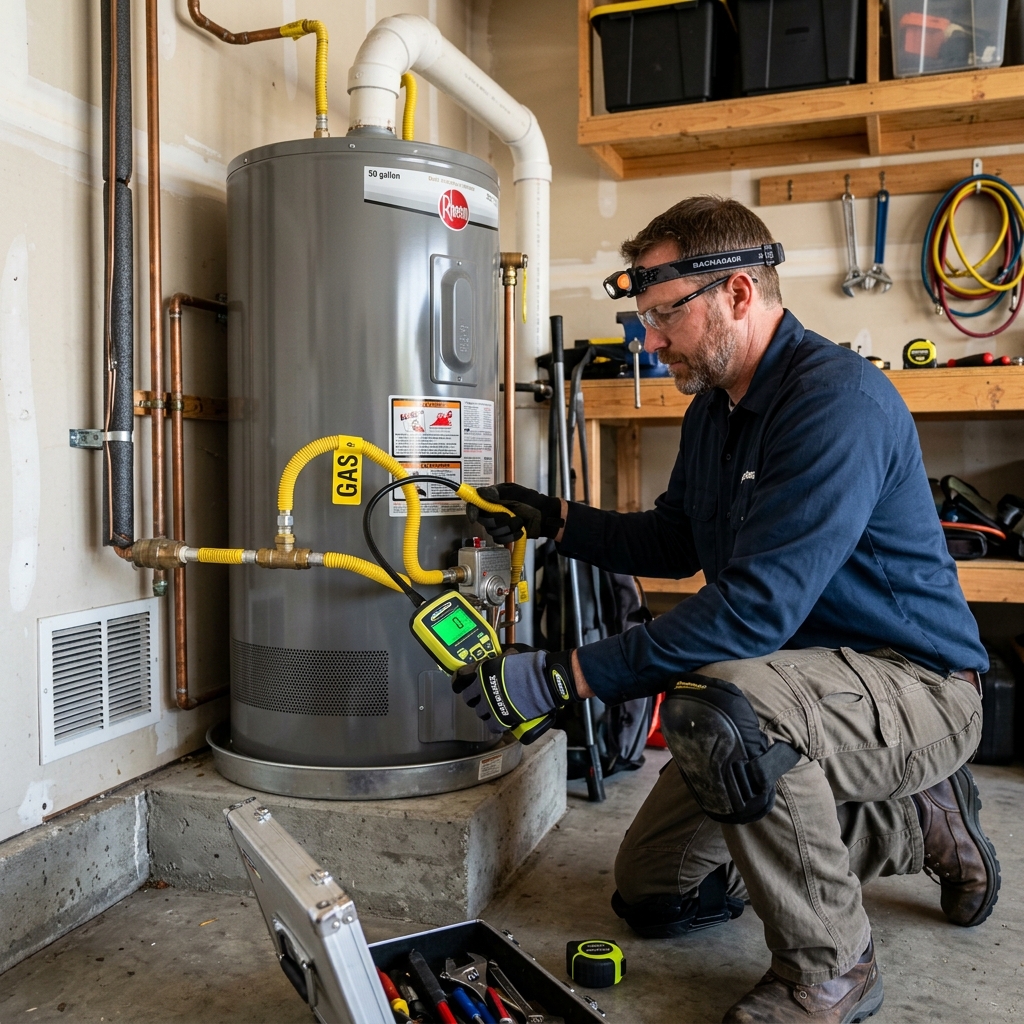 Licensed plumber inspecting a gas line connection and valve at a residential property in El Cajon California