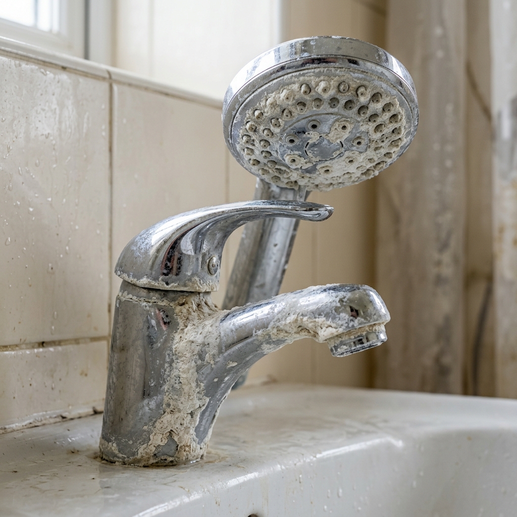 Heavy white calcium mineral deposits and hard water scale buildup on a chrome faucet in an El Cajon California home