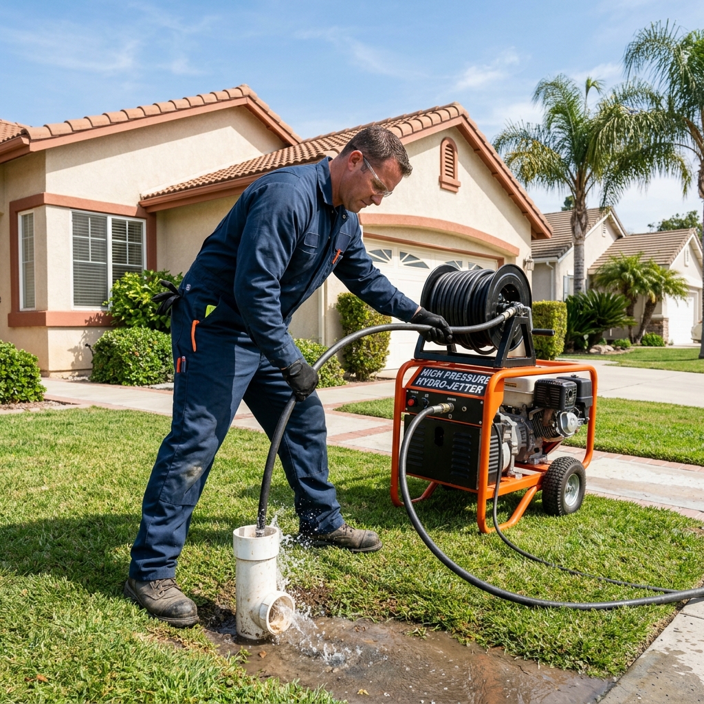 Plumber operating a hydro jetting machine to clear a sewer line at a residential property in El Cajon California