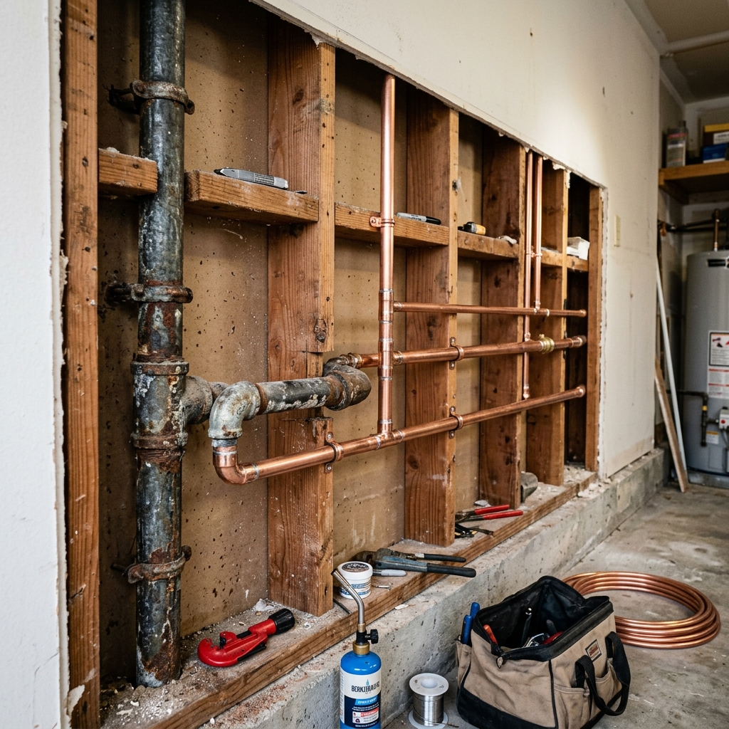 Old corroded galvanized pipes next to new copper pipes during a whole house repiping project in El Cajon California