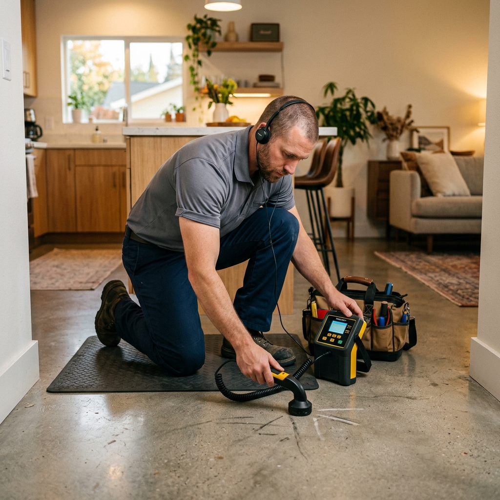 Licensed plumber using electronic leak detection equipment on a concrete slab floor inside a suburban El Cajon California home