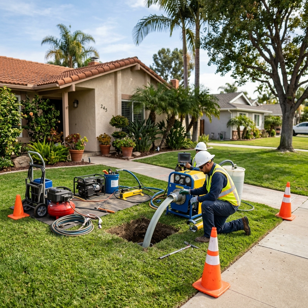 Trenchless sewer repair operation showing pipe lining equipment at a suburban El Cajon California home