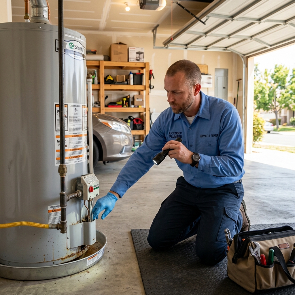 Licensed plumber inspecting a residential water heater for rust and corrosion in an El Cajon California home