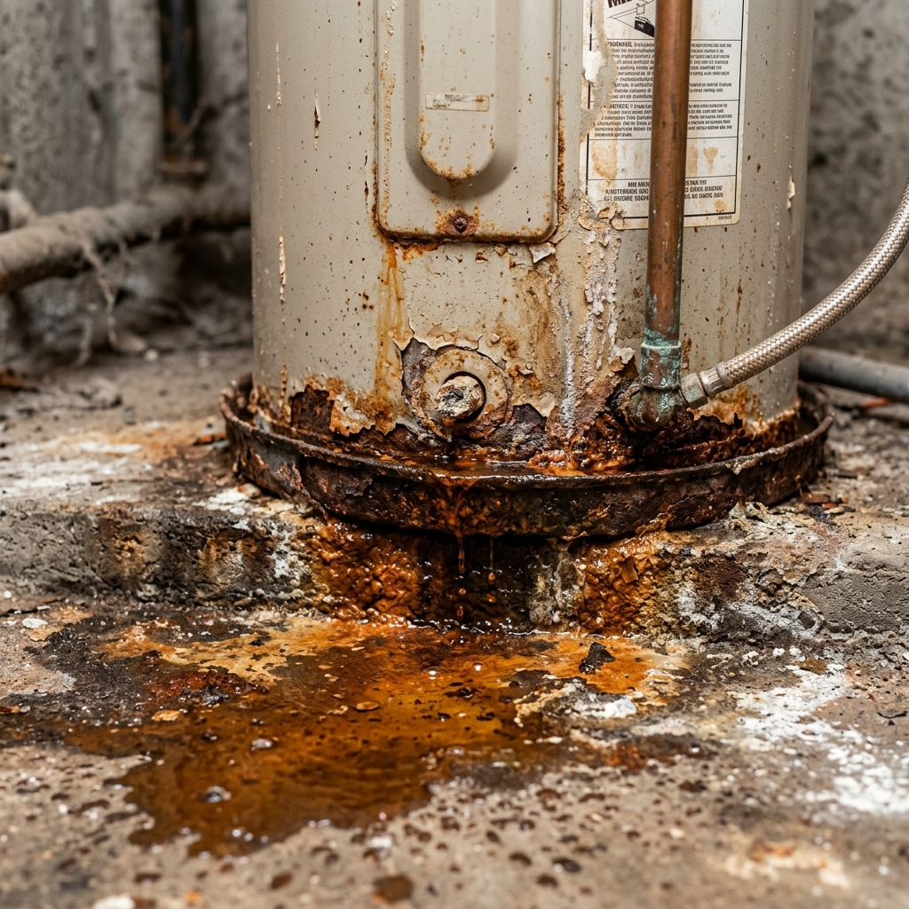 Rusty water leaking from the base of a corroded water heater tank showing mineral buildup and rust stains on concrete floor