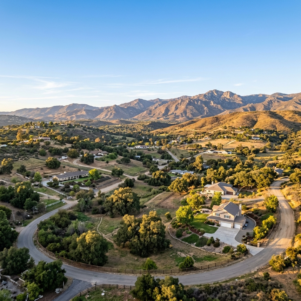 Lakeside California rural residential community with homes nestled among hills and oak trees in East County San Diego