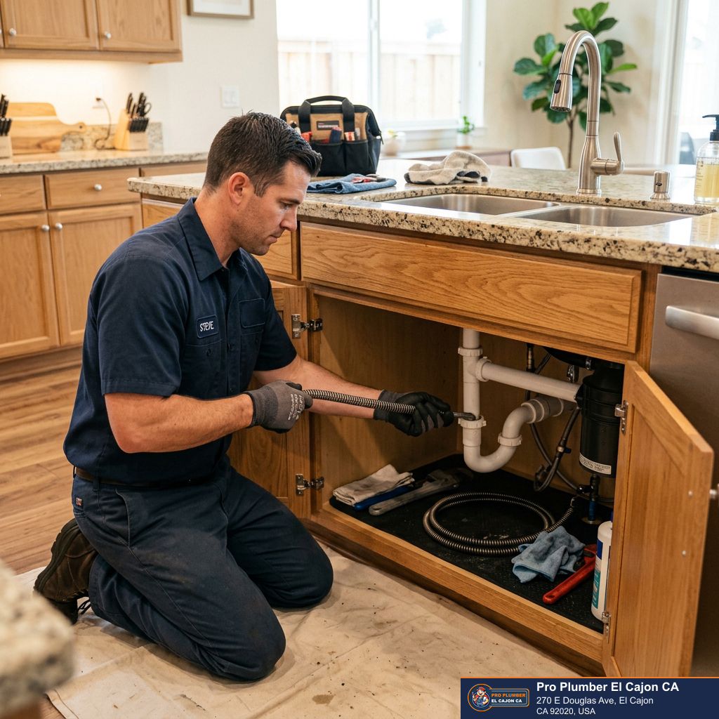Plumber using a drain tool beneath a kitchen sink to clear a clogged drain in El Cajon