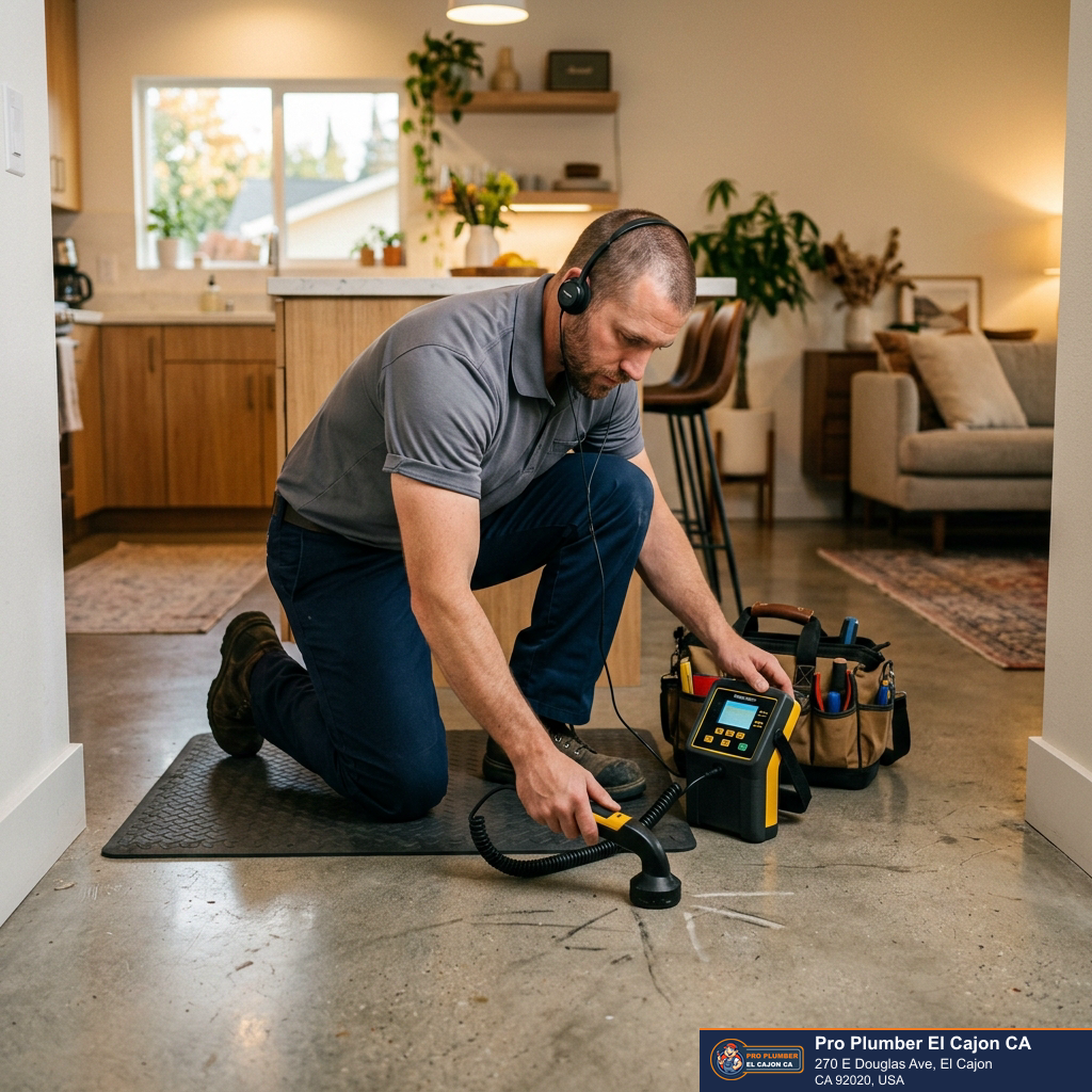 Plumber using electronic leak detection equipment on a floor for slab leak detection in El Cajon