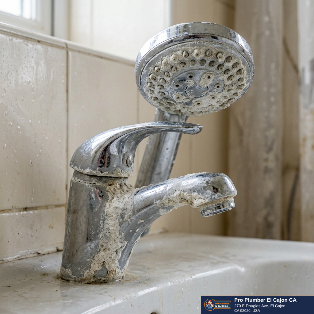 White mineral deposits on a showerhead and faucet illustrating hard water buildup in El Cajon homes