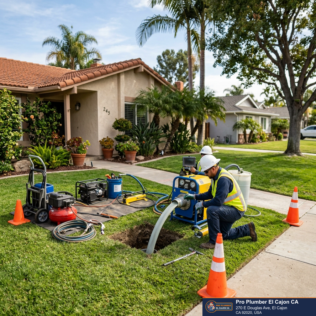 Worker using sewer repair equipment at a small residential excavation for trenchless sewer repair in El Cajon