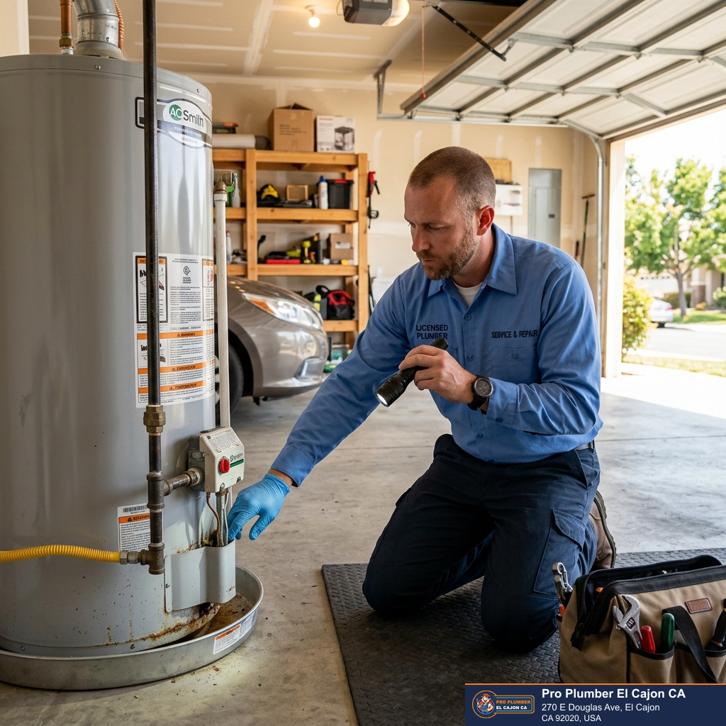 Plumber inspecting a residential tank water heater for water heater repair or replacement in El Cajon