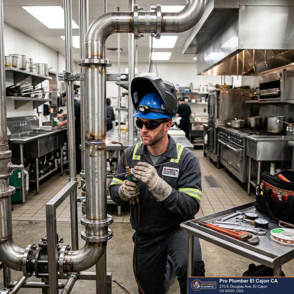 Commercial plumber inspecting industrial kitchen pipework for El Cajon plumbing service