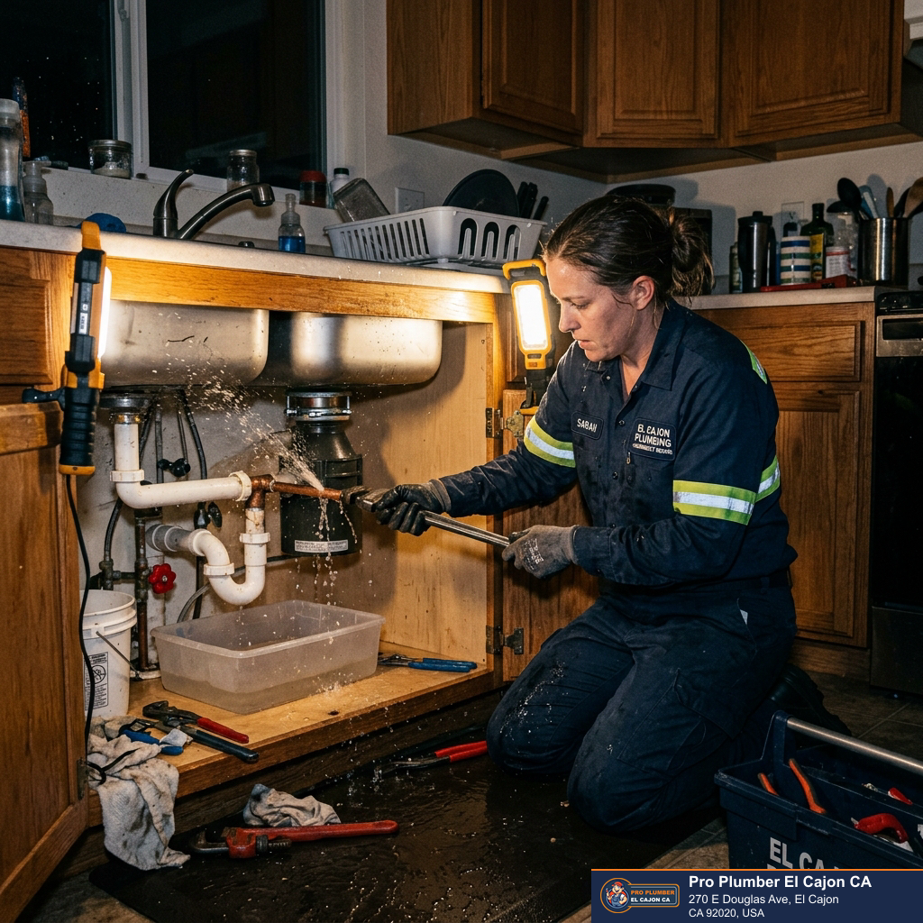 Plumber repairing a leaking pipe beneath a kitchen sink during an El Cajon plumbing emergency