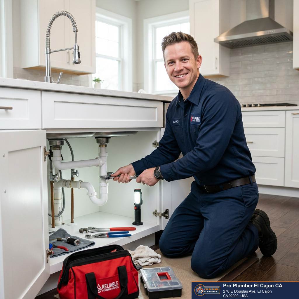 Plumber checking pipe connections beneath a kitchen sink for El Cajon plumbing service
