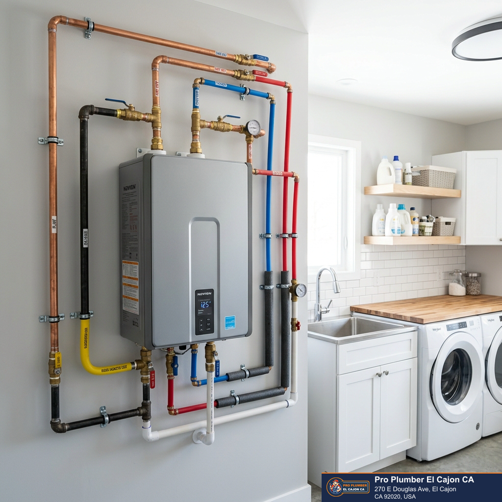 Wall-mounted tankless water heater with copper connections in a utility room for El Cajon water heater service